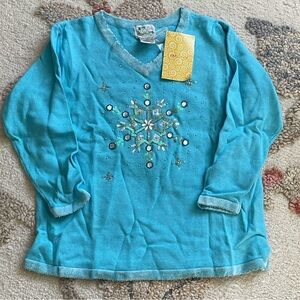Quacker Factory Turquoise Snowflake Long Sleeve Tee Brand New